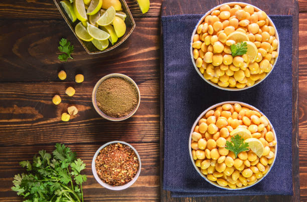 Arabic Cuisine; Middle Eastern traditional snack Lupin beans or Termes. It's very healthy beans that can be served as snack or antipasti. Top view with copy space.